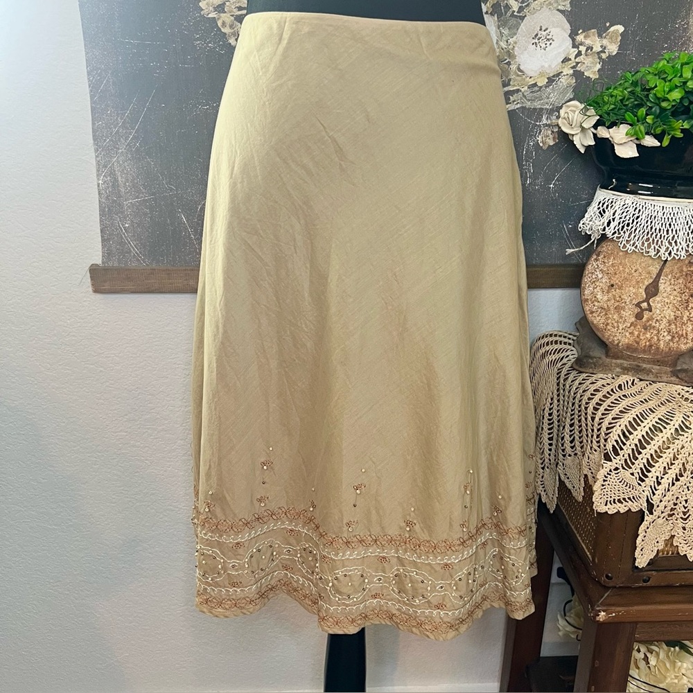 Attention Y2k Tan Embroidered Beaded Knee Length A-Line Skirt Sz L See Details